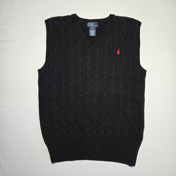 Polo Ralph Lauren Sweater Vest Boys M 10 12 Black Cable Knit V Neck Red Pony - Picture 1 of 5